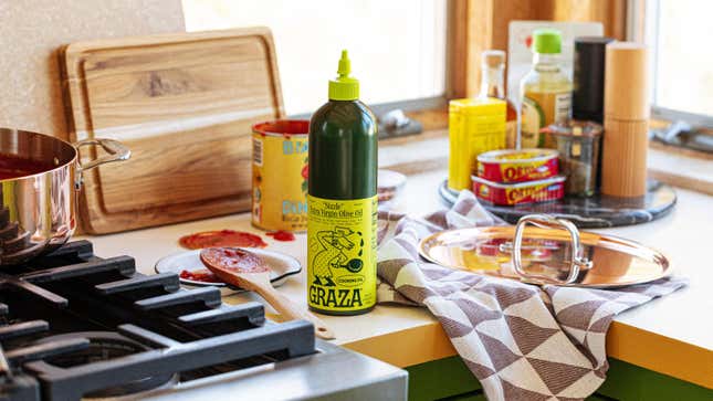 olive oil squeeze bottle on countertop