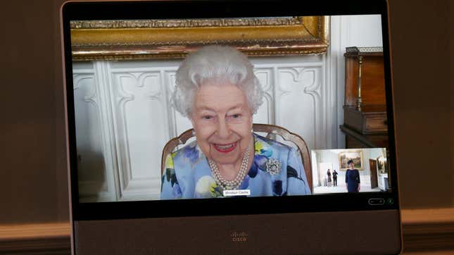Britain's Queen Elizabeth II appears on a screen by videolink from Windsor Castle, where she is in residence, during a virtual audience to receive Her Excellency Ivita Burmistre, the Ambassador of Latvia, at Buckingham Palace in London, Britain, April 27, 2021. Yui Mok/Pool via REUTERS