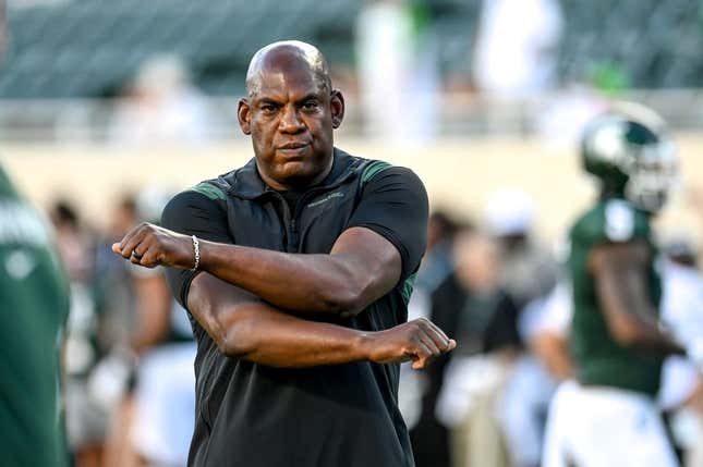 Michigan State&#39;s head coach Mel Tucker walks the field before the football game against Central Michigan on Friday, Sept. 1, 2023, at Spartan Stadium in East Lansing.