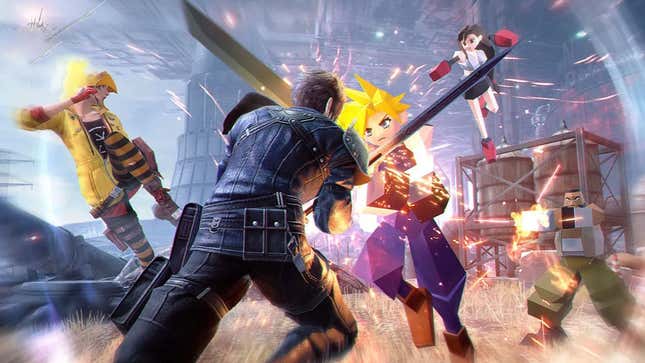 An image shows Final Fantasy 7 characters attacking each other. 