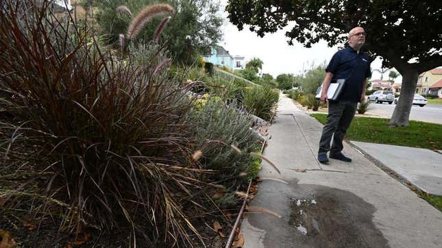 LADWP Water Conservation Specialist Damon Ayala finds water leaking onto the pavement from a landscape irrigation system while patrolling a residential neighbor in search of illegal lawn irrigation and irrigation leakage.