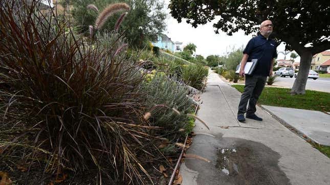 Ladwp Water Conservation Specialist Damon Ayala Findet Wasser, Das Aus Einem Landschaftsbewässerungssystem Auf Den Bürgersteig Austritt, Während Er Bei Einem Nachbarn Auf Der Suche Nach Illegaler Rasenbewässerung Und Bewässerungslecks Patrouilliert.