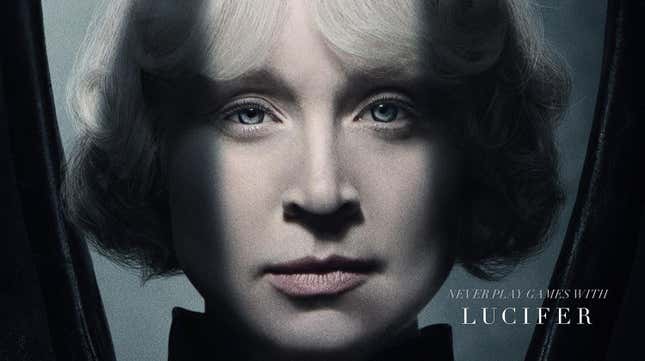 Gwendoline Christie in a stylized, almost black-and-white character portrait as Lucifer in Netflix's Sandman.