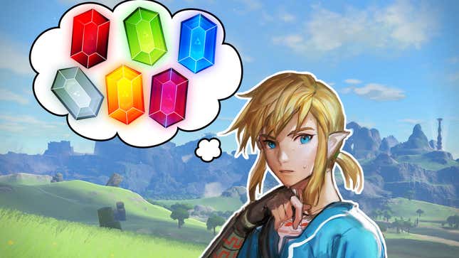 Link thinks about all the rupees he's about to earn in Tears of the Kingdom.