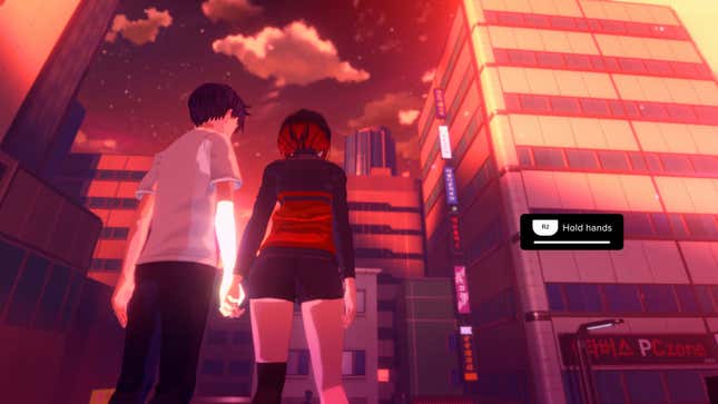 A screenshot of two characters from Eternights holding hands while watching the sunset in a cityscape. 