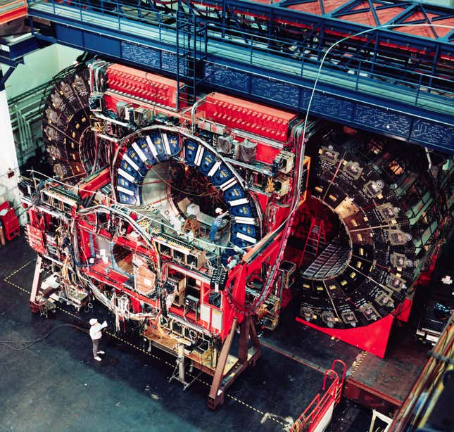 A worker looking up at the massive detector.