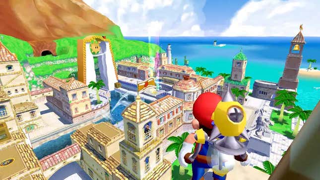 Mario stands above a tropical seaside town. 