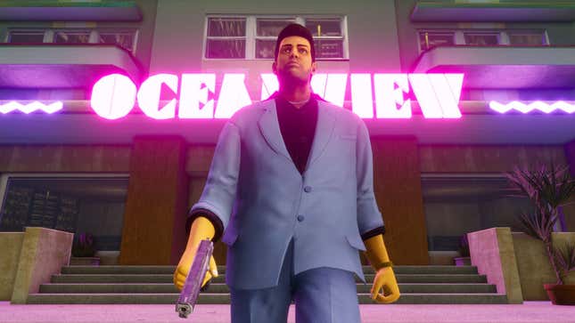 A close up screenshot of Tommy as seen in the remastered GTA Vice City. 