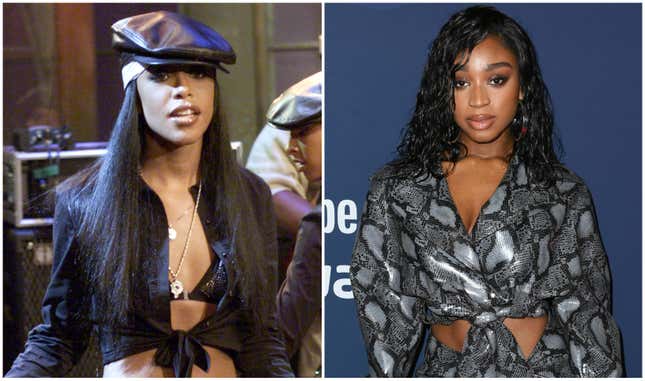 Aaliyah on The Tonight Show with Jay Leno at NBC Studios on July 25, 2001; Normani at the 9th Annual Streamy Awards on December 13, 2019.