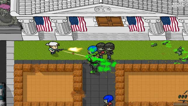 The courthouse from which our character is acquitted, in front of which he shoots a group of zombies.