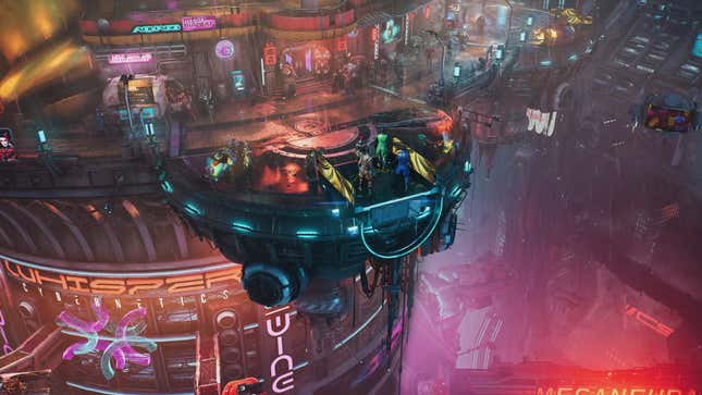 A screenshot shows The Arcology's neon lights. 