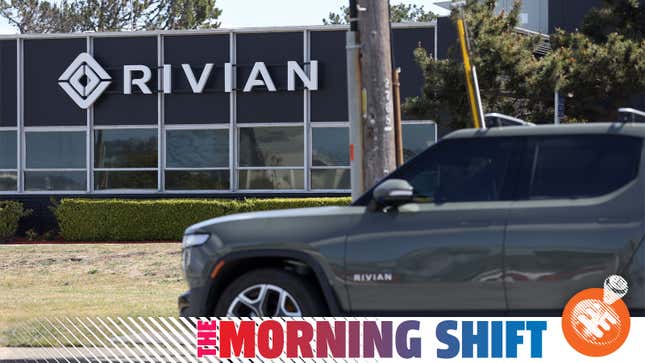 Rivian R1T in front of company facility