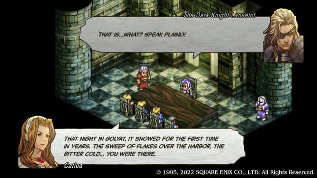 A screenshot shows one of Tactics Ogre's villains being questioned by Catiua.