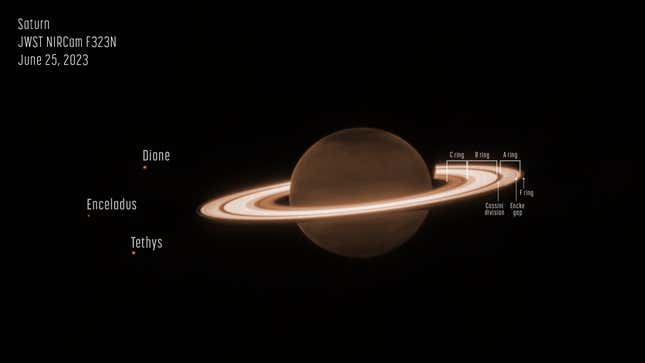 A NIRCam image of Saturn, denoting the planet's rings and several of its moons.