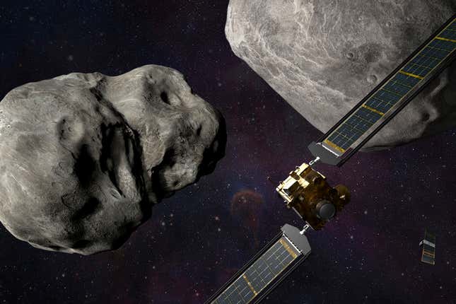 An illustration of NASA’s DART probe before impact with the asteroid Dimporhos, left. 