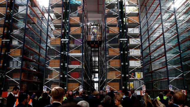 An image of workers in an Amazon warehouse in Boves in Northern France. 