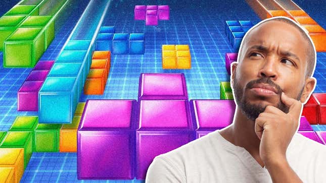 An image shows a man pondering something in front of Tetris blocks. 