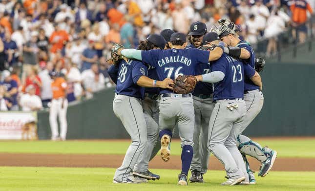 Aug 18, 2023; Houston, Texas, USA; The Seattle Mariners celebrate defeating the Houston Astros at Minute Maid Park.