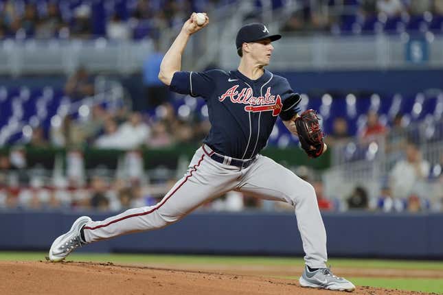 May 3, 2023; Miami, Florida, USA; Atlanta Braves starting pitcher Kyle Wright (30) delivers a pitch during the first inning against the Miami Marlins at loanDepot Park.