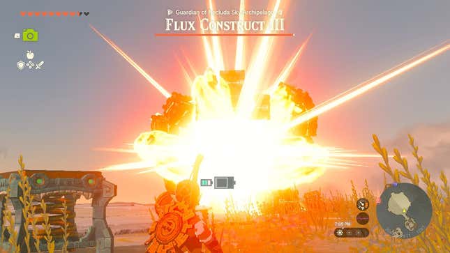 Link is seen shooting a Flux Construct with a cannon-fused staff.