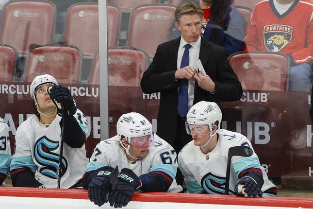 Dec 11, 2022; Sunrise, Florida, USA; Seattle Kraken head coach Dave Hakstol looks on from the bench during the third period against the Florida Panthers  at FLA Live Arena.