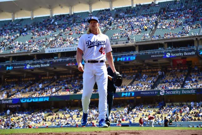 Apr 2, 2023; Los Angeles, California, USA; Los Angeles Dodgers starting pitcher Noah Syndergaard (43) returns to the dugout following the top of the first inning against the Arizona Diamondbacks at Dodger Stadium.