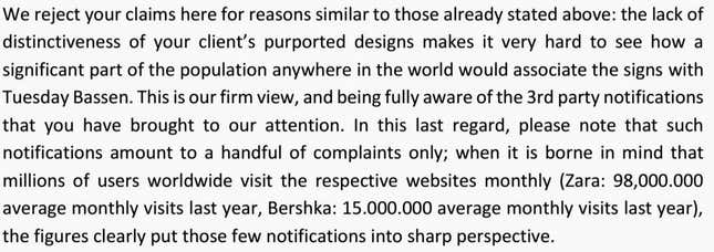 The letter Bassen claims to have received from Zara