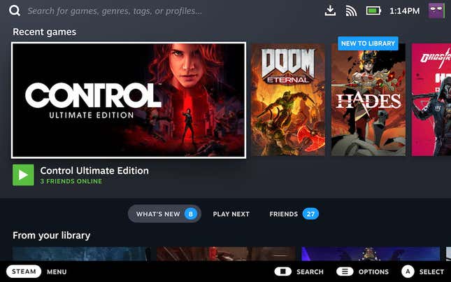 steam library on the steam deck showing control doom eternal hades and ghostrunner
