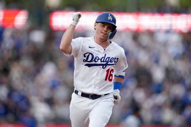 May 15, 2023; Los Angeles, California, USA; Los Angeles Dodgers catcher Will Smith (16) celebrates after hitting a two-run home run in the first inning against the Minnesota Twins at Dodger Stadium.