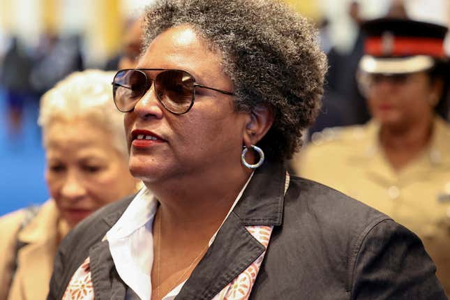 Barbados's Prime Minister Mia Mottley arrives at an event where leaders of Caribbean nations meet for a two-day conference to discuss the region's approach to the COP27 climate talks.