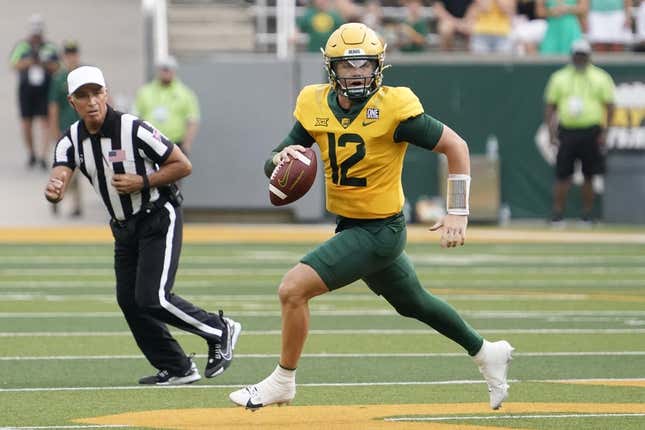 Sep 2, 2023; Waco, Texas, USA; Baylor Bears quarterback Blake Shapen (12) scrambles against the Texas State Bobcats during the first half at McLane Stadium.