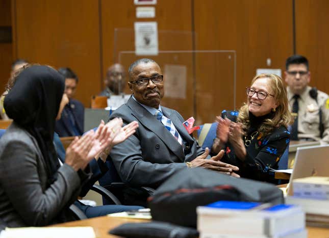 Maurice Hastings, center, who spent more than 38 years behind bars for a 1983 murder he did not commit, is applauded while appearing at a court in Los Angeles where a judge officially found him to be factually innocent on Wednesday, March 1, 2023. 

