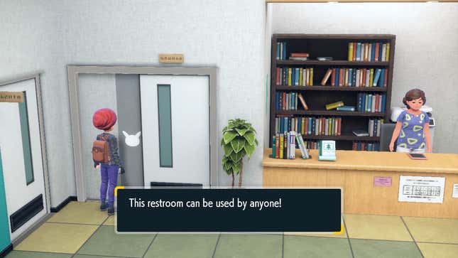 Shep is shown examining the gender-netural restroom and the text reads "This restroom can be used by anyone!"