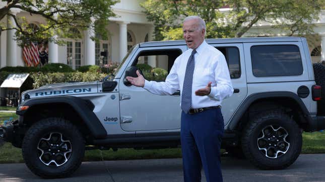U.S. President Joe Biden answers questions from reporters after driving a Jeep Wrangler Rubicon Xe around the White House driveway following remarks during an event on the South Lawn of the White House August 5, 2021 in Washington, DC.