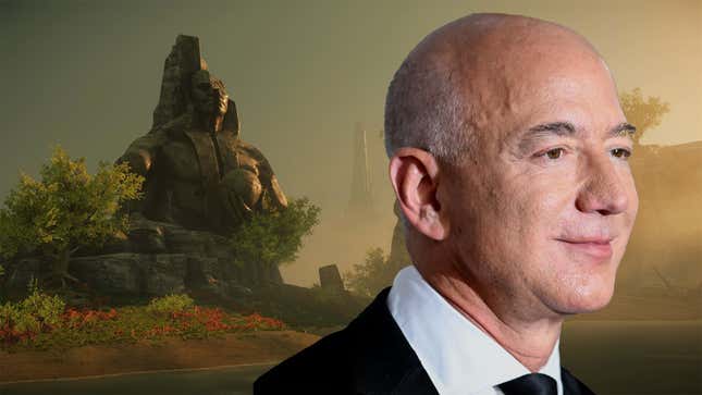 Jeff Bezos smiles with New World in the background.