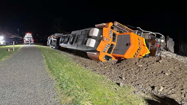 This photo provided by the Washington Department of Ecology shows a derailed BNSF train on the Swinomish tribal reservation near Anacortes, Wash. on Thursday, March 16, 2023.