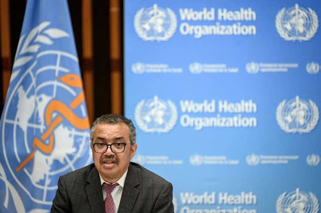 World Health Organization (WHO) Director-General Tedros Adhanom Ghebreyesus attends a ceremony to launch a multi-year partnership with Qatar on making FIFA Football World Cup 2022 and mega sporting events healthy and safe at the WHO headquarters in Geneva on October 18, 2021.