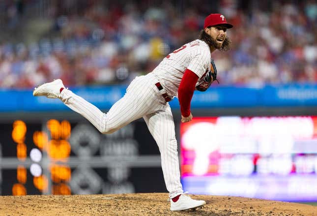 Aug 9, 2023; Philadelphia, Pennsylvania, USA; Philadelphia Phillies starting pitcher Michael Lorenzen (22) throws a pitch during the sixth inning against the Washington Nationals at Citizens Bank Park.