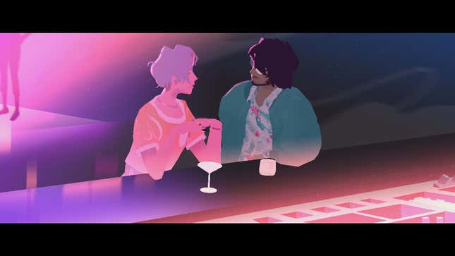 Luca and Miguel are shown talking over drinks at a bar lit by neon lights.