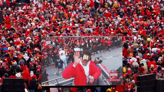 QB Patrick Mahomes of the Kansas City Chiefs is seen on the video board celebrating during the Kansas City Chiefs Super Bowl LVII victory parade.