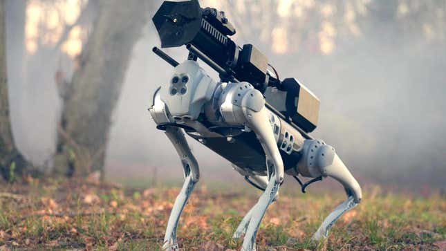 The Thermonator flame-throwing robodog with its flamethrower attachment raised upwards in a smoke-filled forest.