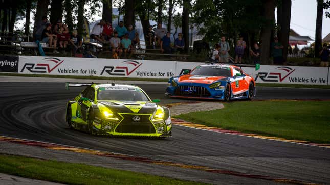 The #14 Lexus RC F GT3 of Jack Hawkswoth and Aaron Telitz leads the #74 Mercedes AMG GT3 of Lawson Aschenbach and Gar Robinson during the Road America Grand Prix, IMSA WeatherTech Series Race, Road America, Elkhart Lake, WI, , August 2, 2020.