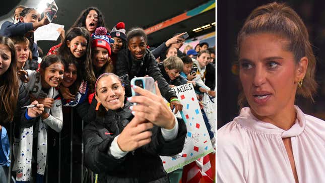 Alex Morgan, left, takes selfies with fans after the match against Portugal, and Carli Lloyd, right, on the Fox Sports Studio Show. 