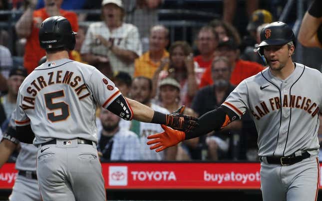 Jul 15, 2023; Pittsburgh, Pennsylvania, USA;  San Francisco Giants catcher Patrick Bailey (right) greets center fielder Mike Yastrzemski (5) crossing home plate on a solo home run against the Pittsburgh Pirates during the second inning at PNC Park.