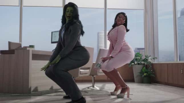 She-Hulk and Megan Thee Stallion shake their butts in a hi-rise lawyer office.
