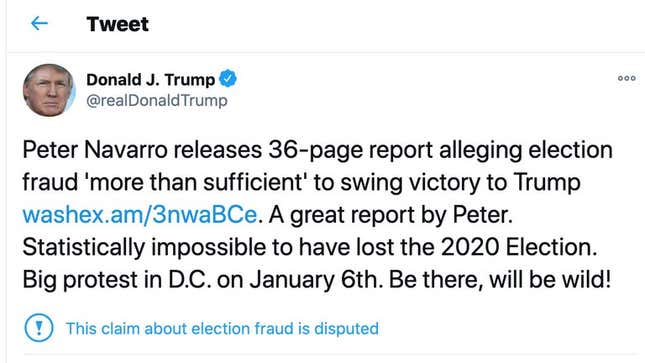 Trump’s December 19, 2020 tweet urging supporters to flock to D.C. on January 6.