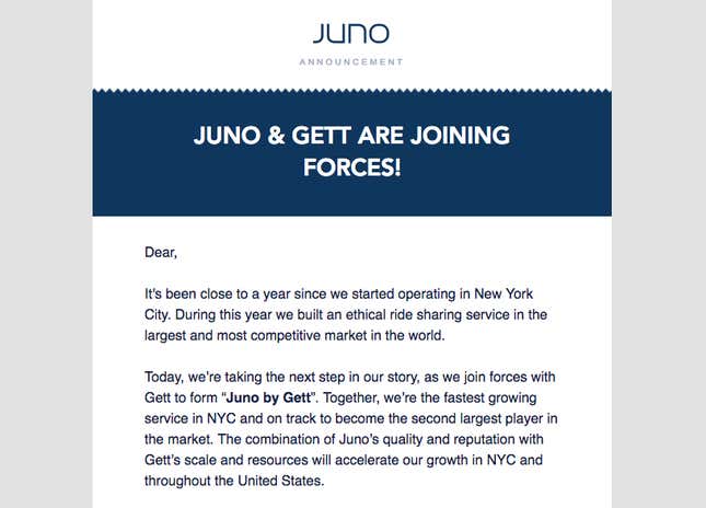 An excerpt from Juno’s April 26 email to drivers.