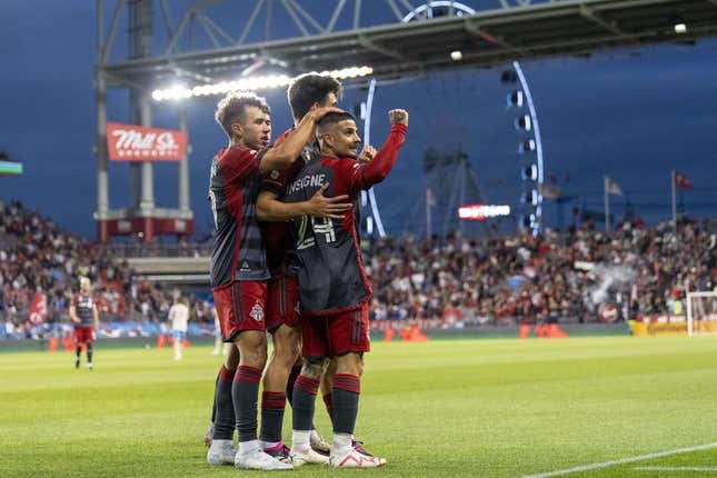 Aug 30, 2023; Toronto, Ontario, CAN; Toronto FC forward Lorenzo Insigne (24) celebrates with teammates after scoring against the Philadelphia Union during the first half at BMO Field.