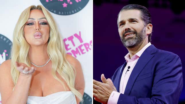 LEFT: LOS ANGELES, CALIFORNIA - JANUARY 17: Aubrey O’Day attends Society Performers Academy red carpet at Omni Los Angeles Hotel at California Plaza on January 17, 2023 in Los Angeles, California. (Photo by John Wolfsohn/Getty Images) ; RIGHT: NATIONAL HARBOR, MARYLAND - MARCH 03: Donald Trump Jr. speaks during the annual Conservative Political Action Conference (CPAC) at the Gaylord National Resort Hotel And Convention Center on March 03, 2023 in National Harbor, Maryland. The annual conservative conference entered its second day of speakers including congressional members, media personalities and members of former President Donald Trump’s administration. President Donald Trump will address the event on Saturday. (Photo by Anna Moneymaker/Getty Images)