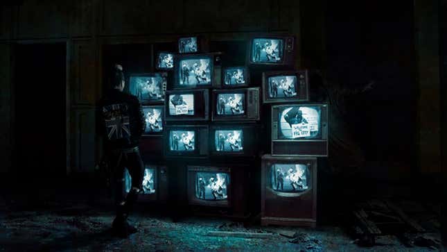A person stares at a stack of old CRT televisions displaying scenes of civil strife.